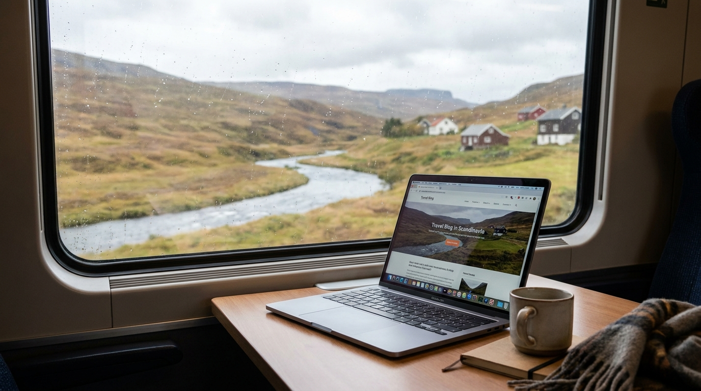 MacBook på en kaffebordet under en rejse