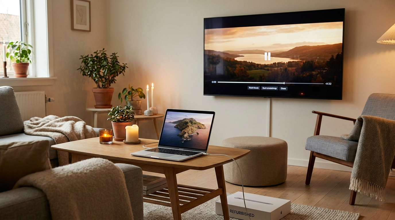MacBook tilsluttet stort TV som hjemmebiograf